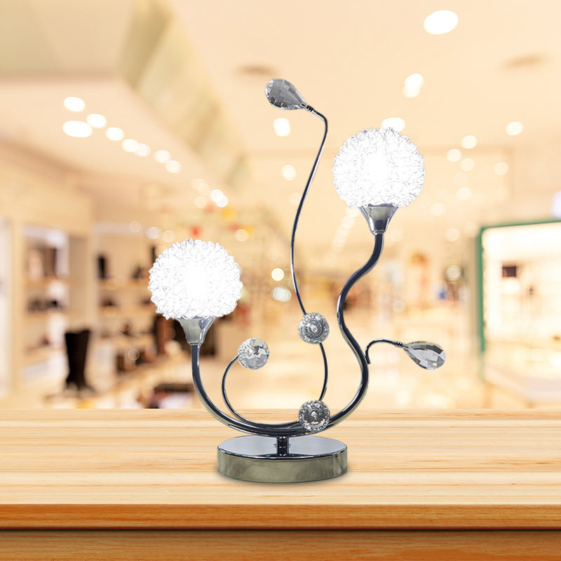 Modernist Chrome Finish Dandelion Nightstand Light: 2-Light Metallic Night Lamp With Crystal Accent