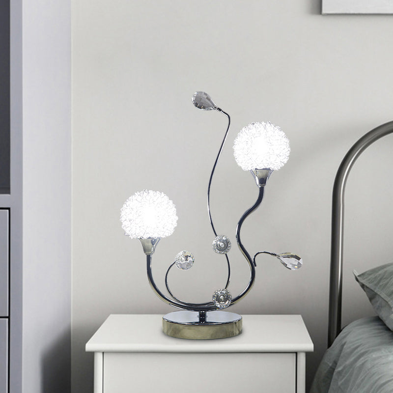 Modernist Chrome Finish Dandelion Nightstand Light: 2-Light Metallic Night Lamp With Crystal Accent