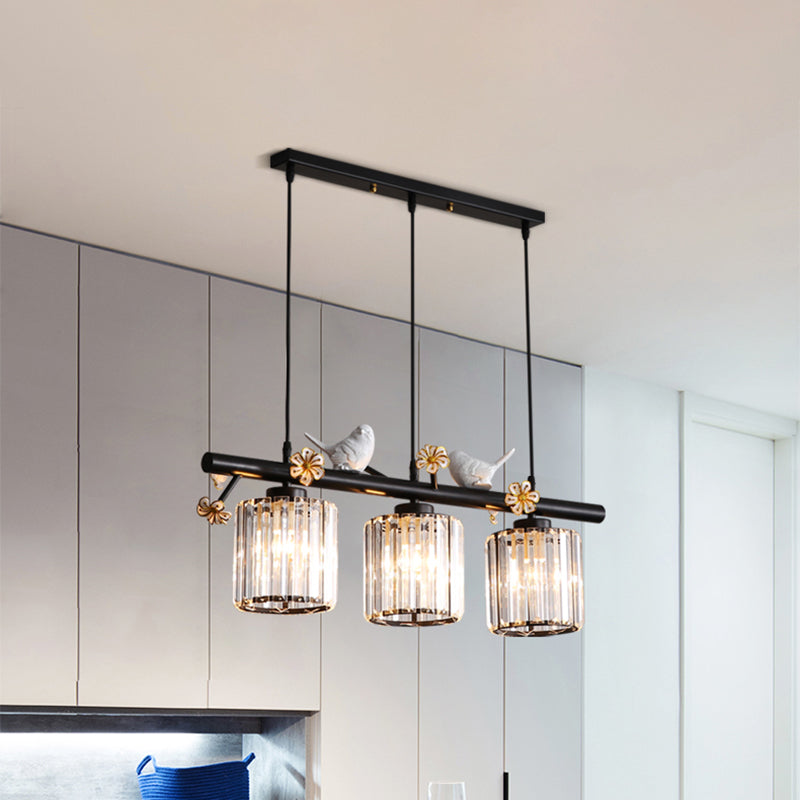 Modern Black Cylinder Island Light Pendant With Crystal Accents - 3 Lights