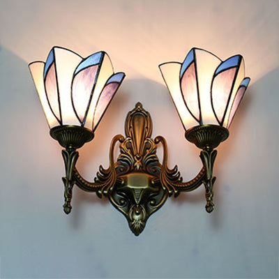 Multicolored Tiffany Glass Cone Wall Lamp - 2 Lights Pink Dining Room