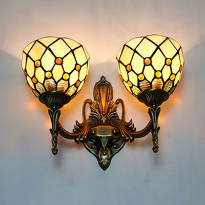 Tiffany Style Double Sconce Light: Beaded Wall Lighting With Stained Glass Bowl Shade In Beige