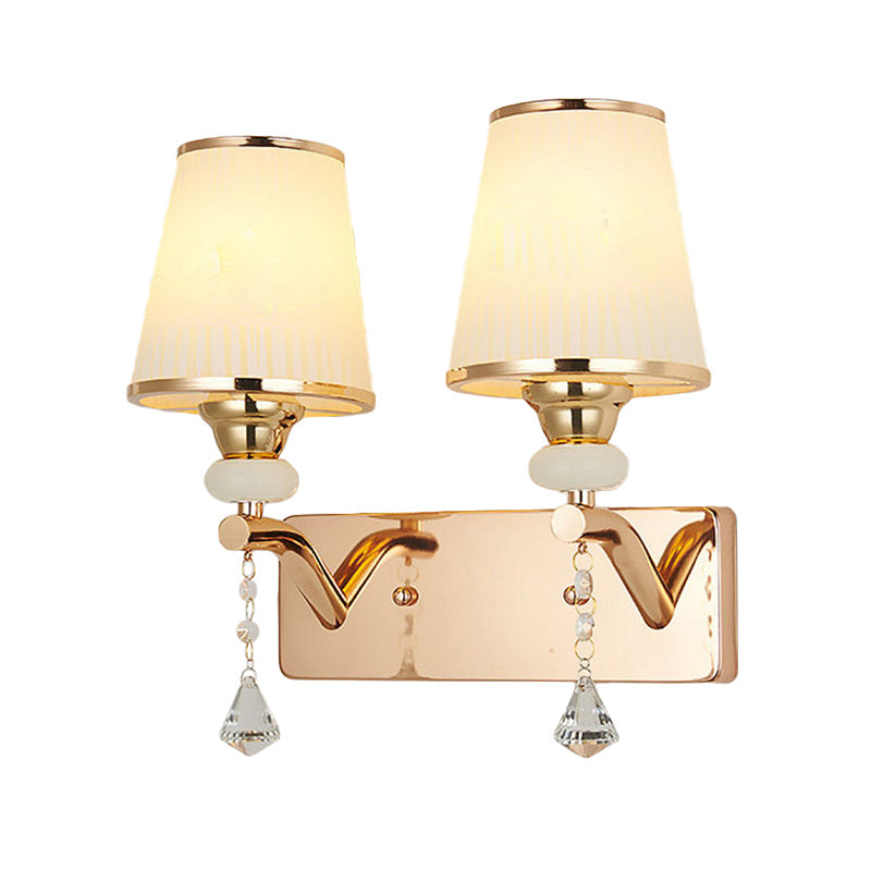 Gold Crystal Wall Sconce With Conical Shades - 2 Bulb Contemporary Mount Light