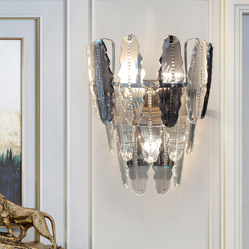 Clear Crystal Wall Sconce With Three Tapered Lights - Modern Mount Fixture