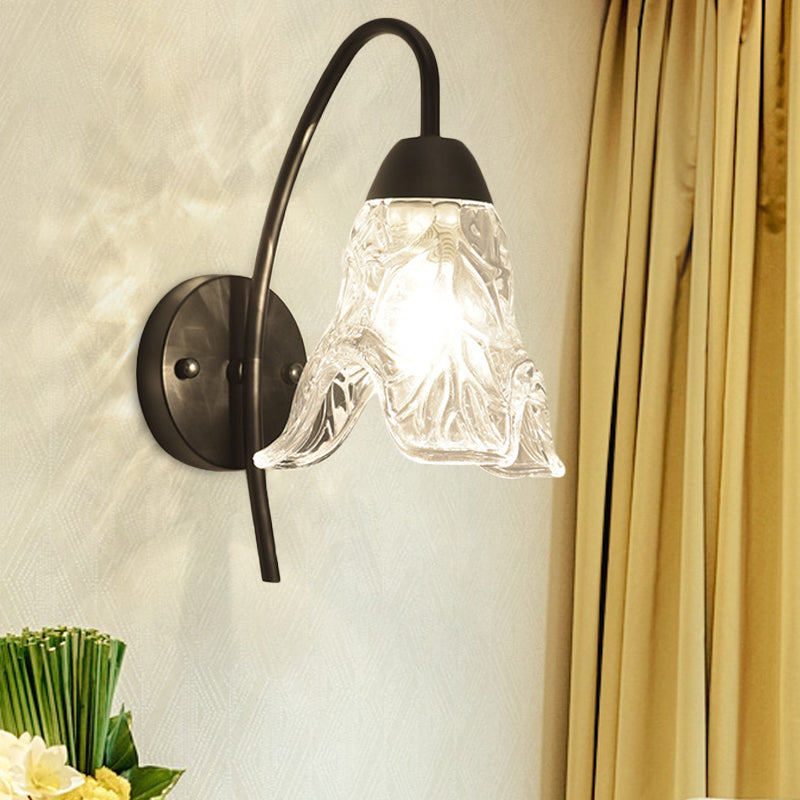 Post-Modern Black Metal Wall Mount Light With Clear Crystal Shade - Trapezoid/Flower/Drum Design /