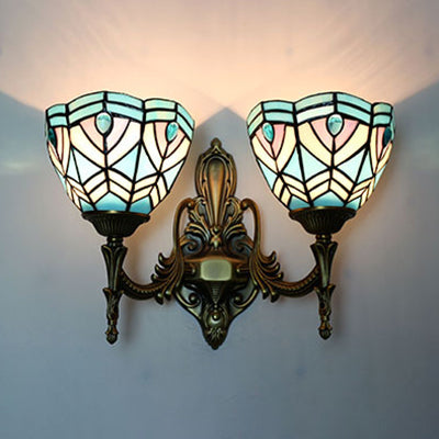 Peacock Stained Glass Bowl Wall Sconce Light: Baroque Style Blue
