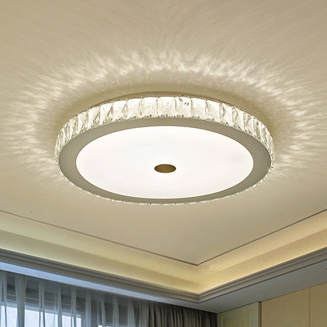 Simple Bedroom Led Beveled Crystal Circle Flushmount Ceiling Light In White