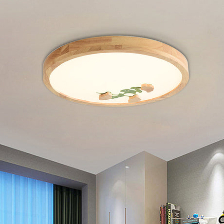 Wood Led Flushmount Ceiling Lamp With Ginkgo Leaf On Circle Design - Ideal For Bedroom Lighting