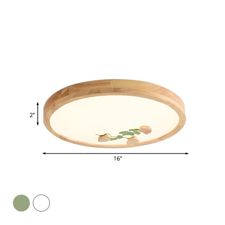 Wood Led Flushmount Ceiling Lamp With Ginkgo Leaf On Circle Design - Ideal For Bedroom Lighting