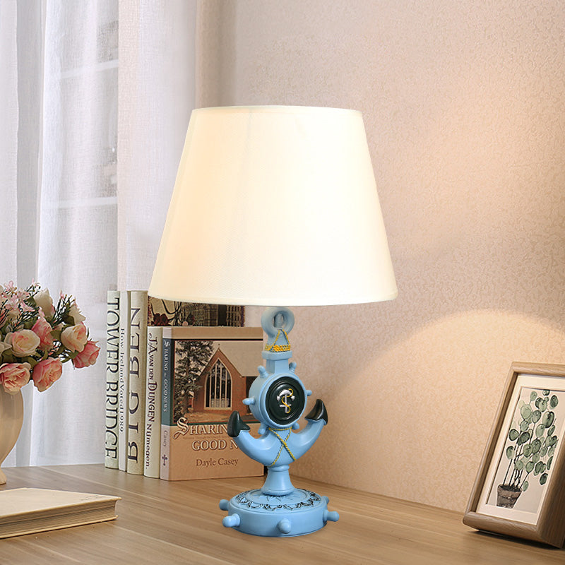 Resin Anchor Shape Night Table Light Mediterranean Blue Desk Lamp With Fabric Shade