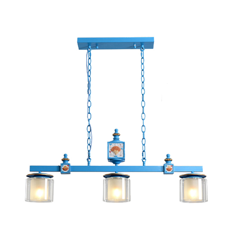 Cartoon 3 Bulbs Island Pendant Light with Dual Cylinder Pendulum Sky/Water Blue Glass Shades