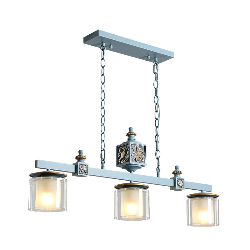 Cartoon 3-Bulb Pendant Light With Clear & Opal Glass Shades - Sky/Water Blue Dual Cylinder Lamp