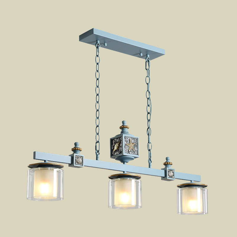 Cartoon 3-Bulb Pendant Light With Clear & Opal Glass Shades - Sky/Water Blue Dual Cylinder Lamp