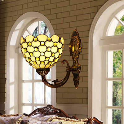 Tiffany Stained Glass Beige Bowl Sconce Lamp With Crystal Bead: Wall Light