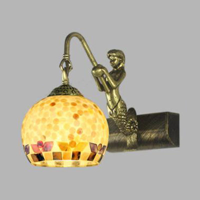 Globe Wall Mount Tiffany Beige/Beige-Red Shell Sconce Light With Mermaid Decoration - Bathroom