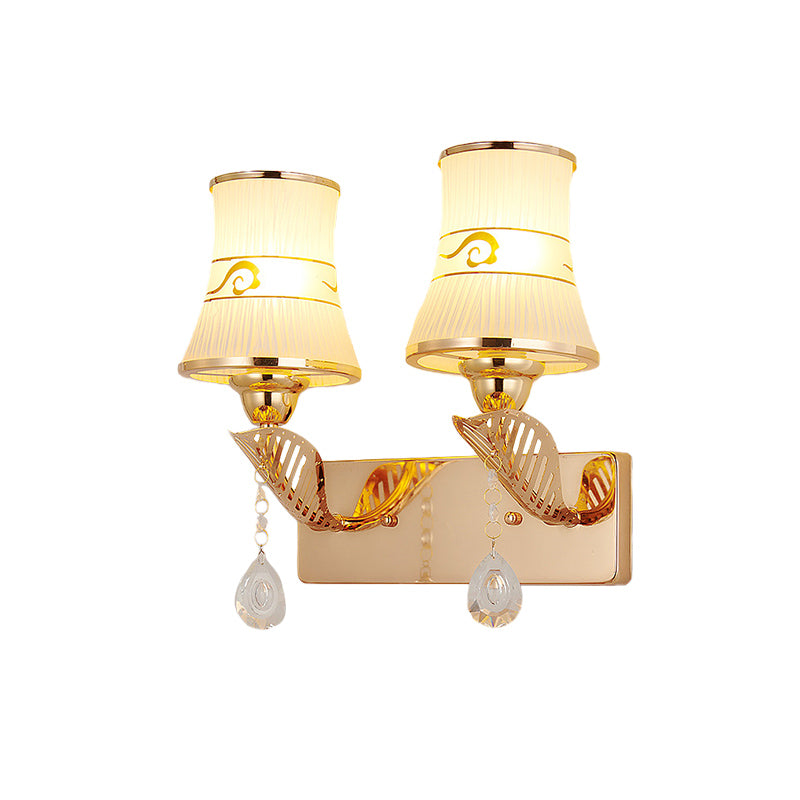 Gold Ribbed Glass Wall Sconce Light - Traditional 2-Bulb Fixture For Dining Room