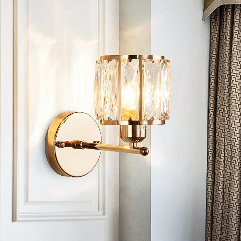 Gold Wall Lamp Beveled Cut Crystal Cylinder Sconce Light Fixture - Simplicity In 1 Head Design
