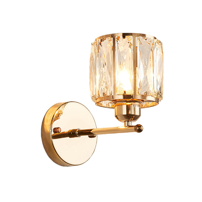 Gold Wall Lamp Beveled Cut Crystal Cylinder Sconce Light Fixture - Simplicity In 1 Head Design