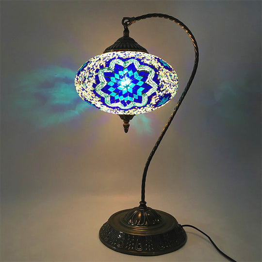 Stained Art Glass Night Light With Curved Arm In Yellow/Blue/Green Blue
