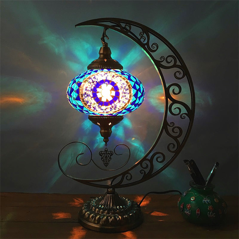 Sarir - Blue Blue Oval Table Light Decorative Stained Glass 1 Bulb Bedroom Night Lamp with Moon Shape Arm