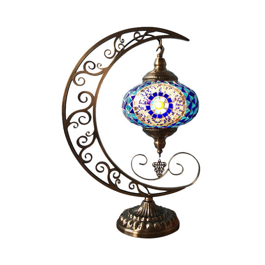 Blue Stained Glass Oval Table Light: Decorative Moon Arm Bedroom Night Lamp With 1 Bulb