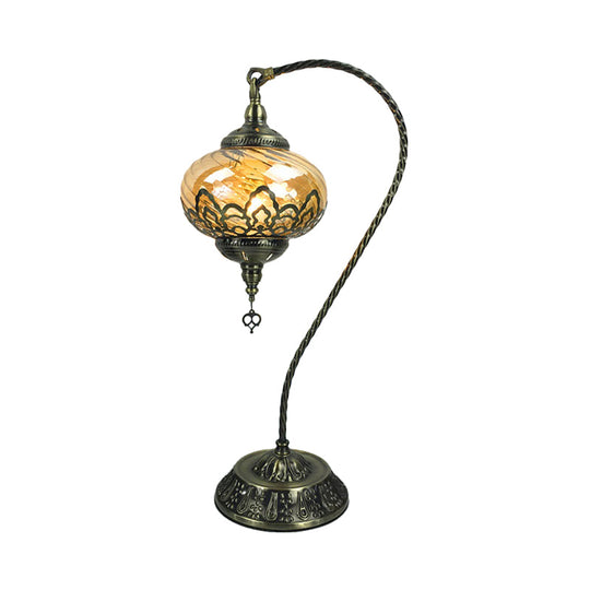 Elisa - Stylish Brass/Gloss Black 1 Head Table Lamp Bohemia Amber Glass Oval/Urn Nightstand Lighting with Curved Arm