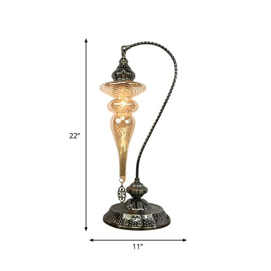 Elisa - Stylish Brass/Gloss Black 1 Head Table Lamp Bohemia Amber Glass Oval/Urn Nightstand Lighting with Curved Arm