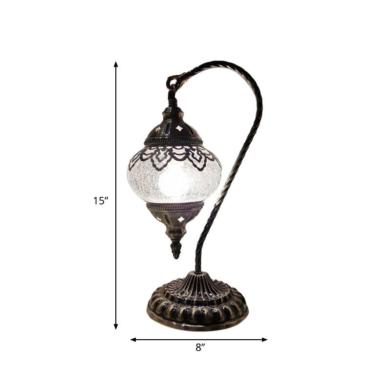 Turkish Night Lamp: Crackle Glass Bronze Desk Light With Curving Arm - 15/18/21 High