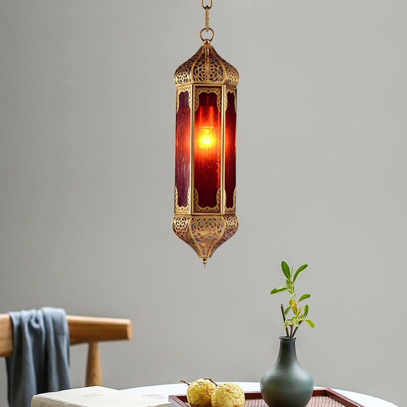 Arabian Red Glass Hanging Lamp With Cutout Design Brass
