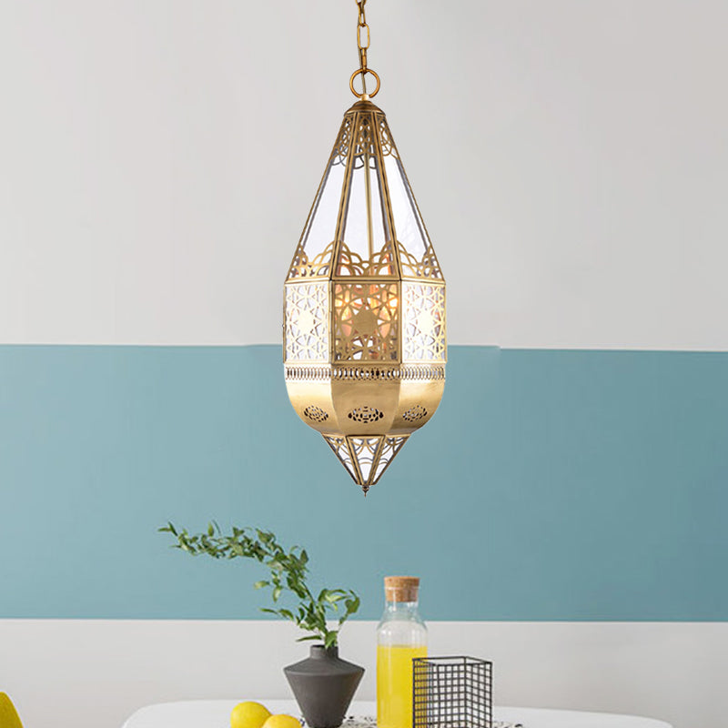 Arabian Brass Lantern Pendant Lamp With Clear Glass Shade - Restaurant Ceiling Light Hollow Pattern