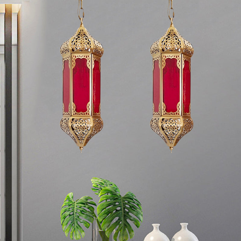 Red Glass Lantern Pendant Light With Hollow Pattern And 1 Bulb
