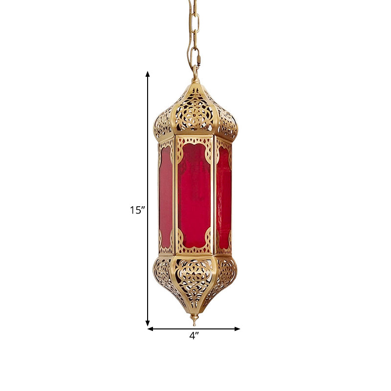 Red Glass Lantern Pendant Light With Hollow Pattern And 1 Bulb