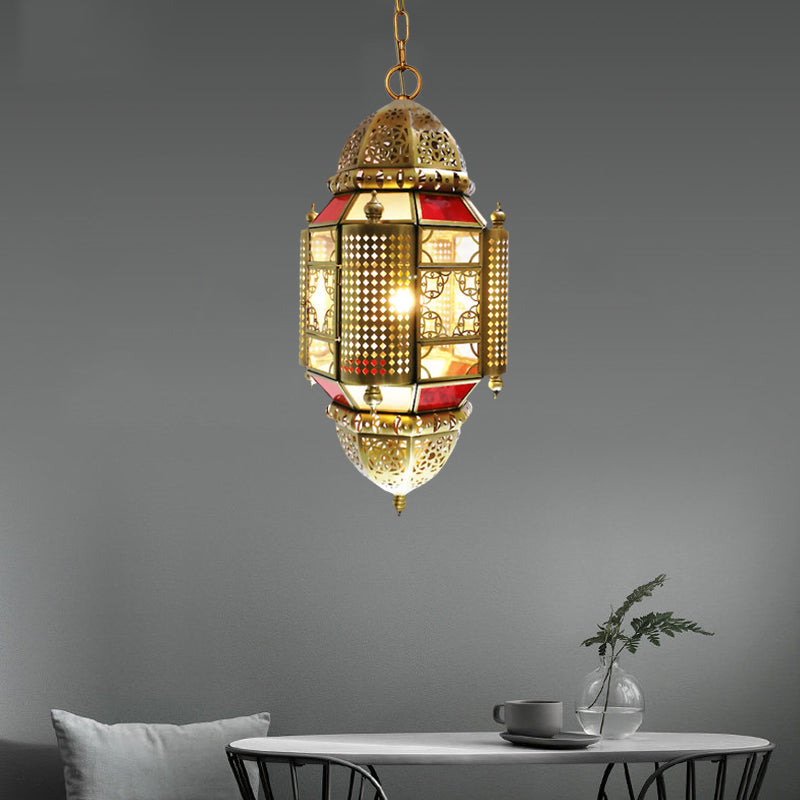 Arabian Lantern Metal Hanging Lamp With Cutout Design In Brass - 1 Light Suspension Lighting