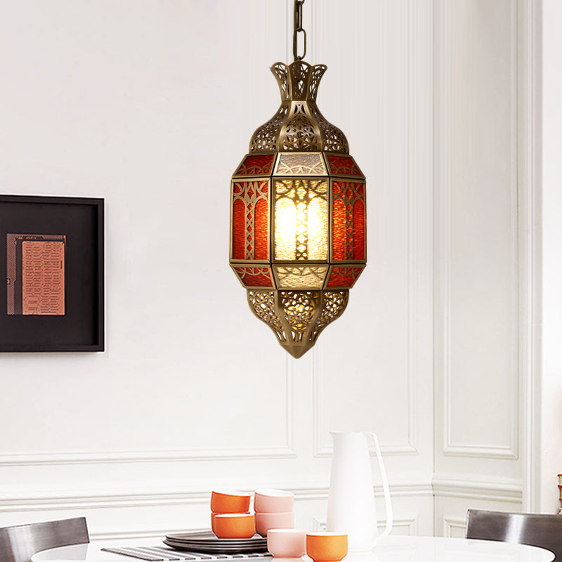 1-Bulb Brass Suspension Lamp - Arab Metal Lantern Ceiling Fixture For Restaurants