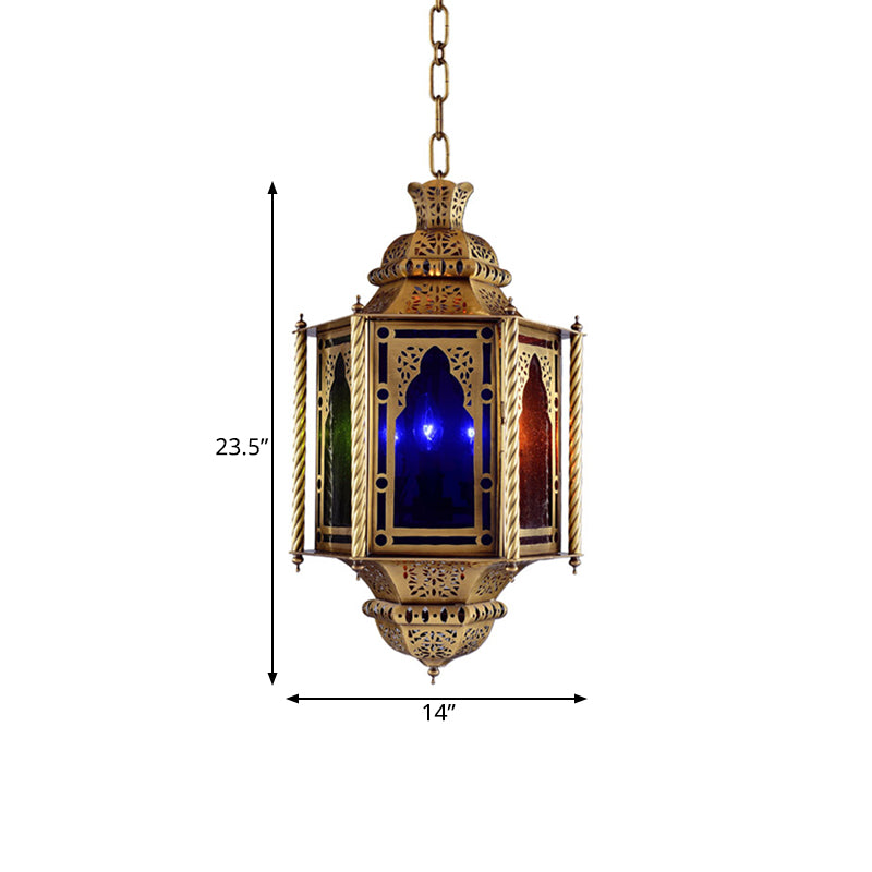 Vintage Lantern Ceiling Light With Colorful Glass Shade - Brass Metal Pendant Lamp