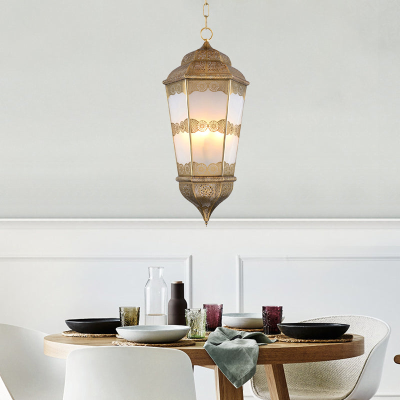 Southeast Asian Metal Lantern Chandelier With Frosted Glass Shade - Brass Finish 3 Bulb Restaurant