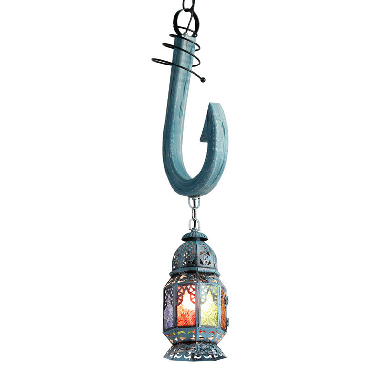 Art Deco Lantern Pendant Light In Blue With Stained Glass - Wooden Hook Rod
