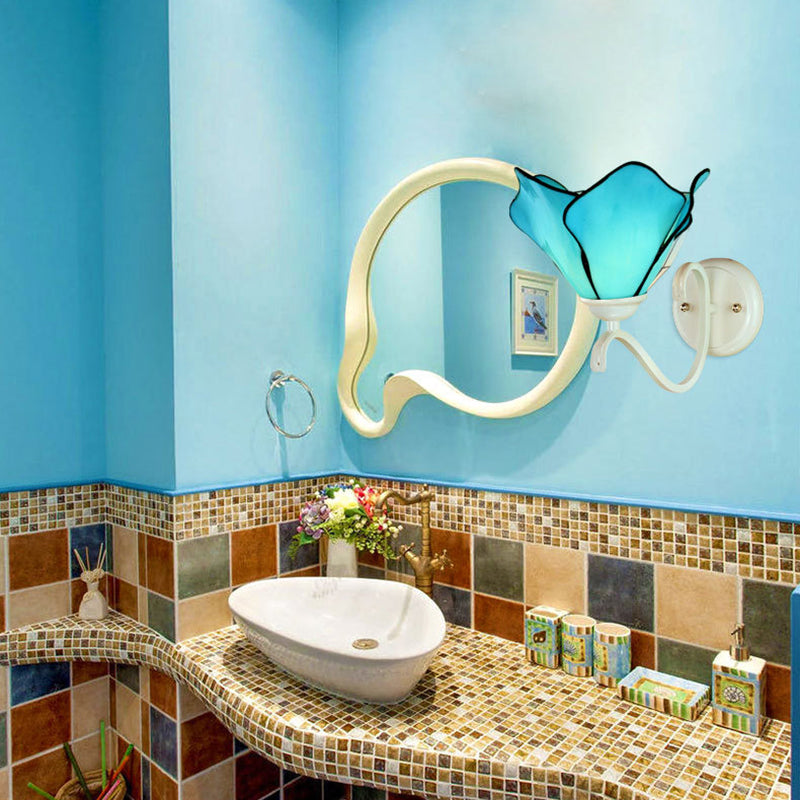 Rustic Stained Glass Wall Sconce With Blue Petal Design - Perfect Bathroom Lighting