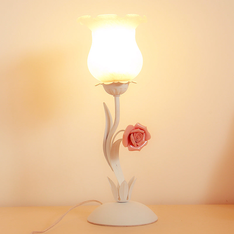 Pastoral Style 1-Bulb Frosted Glass Nightstand Light In Pink/Blue Rose Design For Bedroom Table Pink