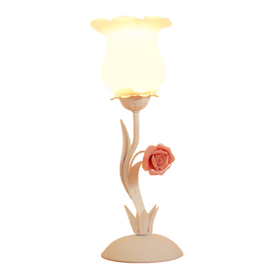 Pastoral Style 1-Bulb Frosted Glass Nightstand Light In Pink/Blue Rose Design For Bedroom Table