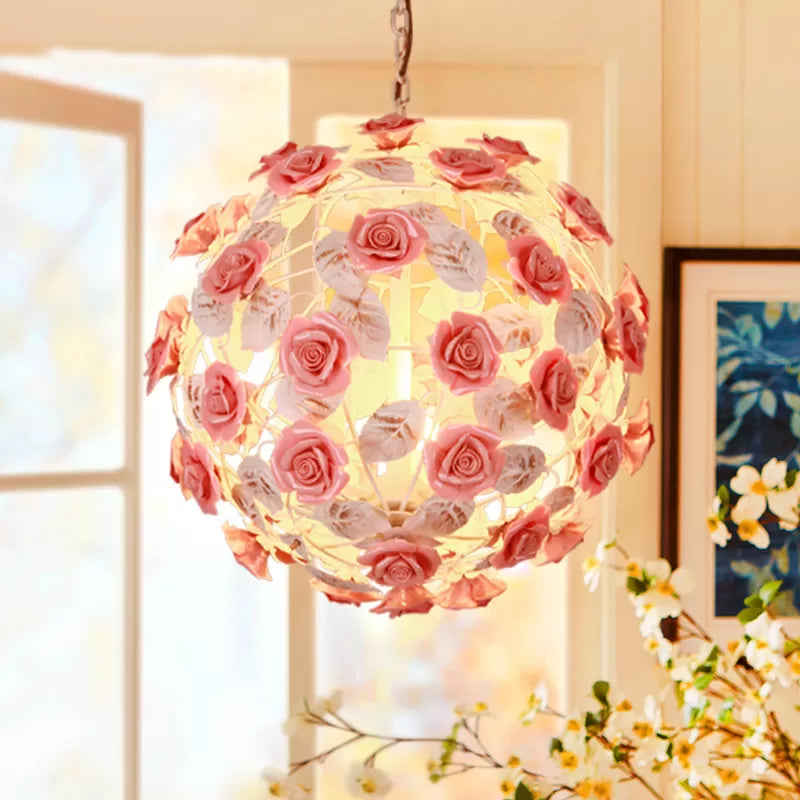 14/16 White Metal Pendant Light With Pink Ball Shade - Romantic Rose Ceiling Lamp
