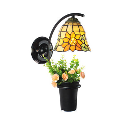 Victorian Flared Sconce Light Fixture: Yellow Stained Glass Wall Mount With Floral Accent