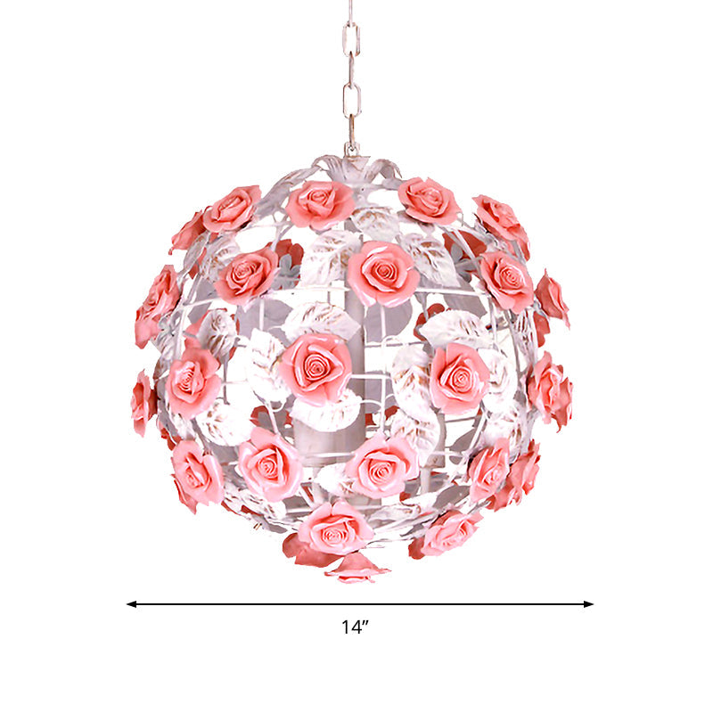14/16 White Metal Pendant Light With Pink Ball Shade - Romantic Rose Ceiling Lamp