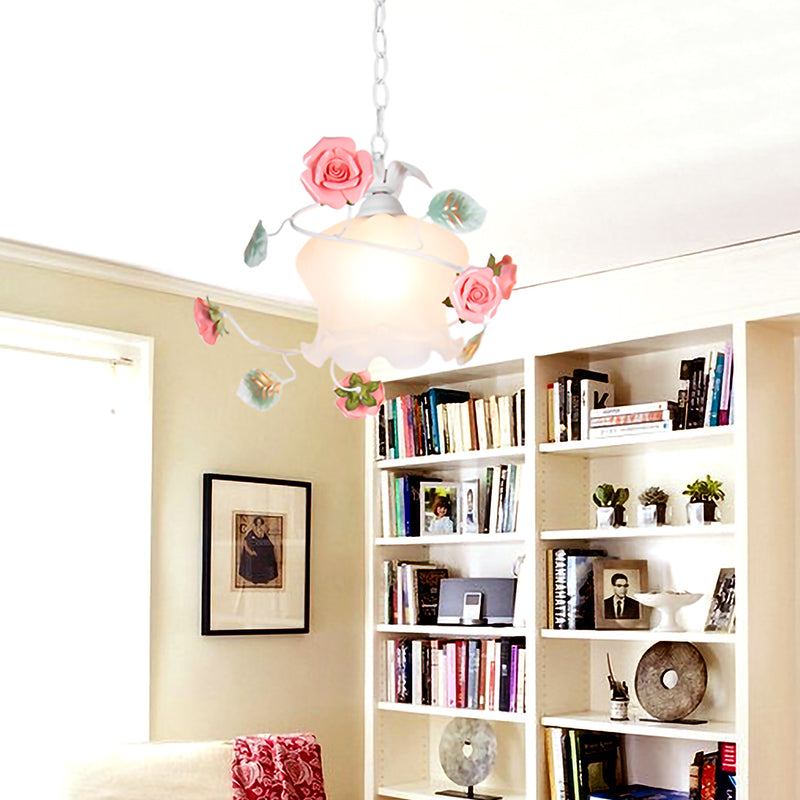 Pastoral Style Rose Hanging Lamp - 1-Bulb White Glass Pendant For Living Room