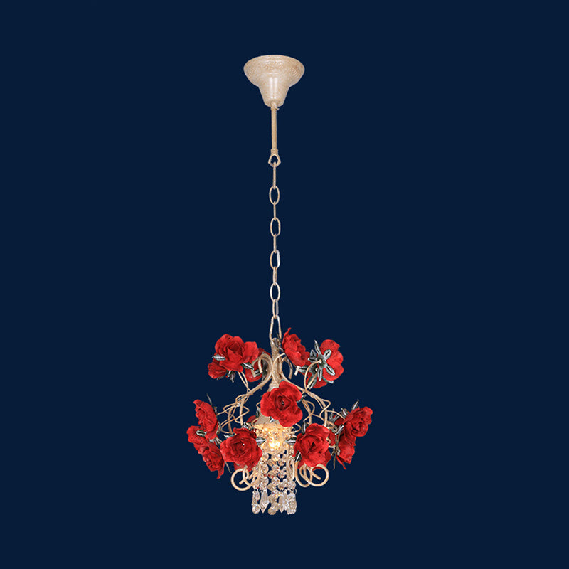 Brass Ceiling Light With Crystal Raindrop Pendant And Flower Decor - Antique Style