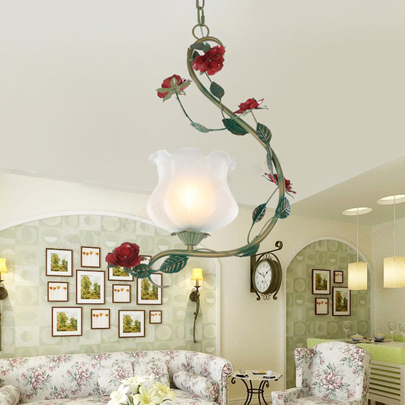 Romantic Flower Pendant Ceiling Light With Metal Curvy Arm - White Glass 1