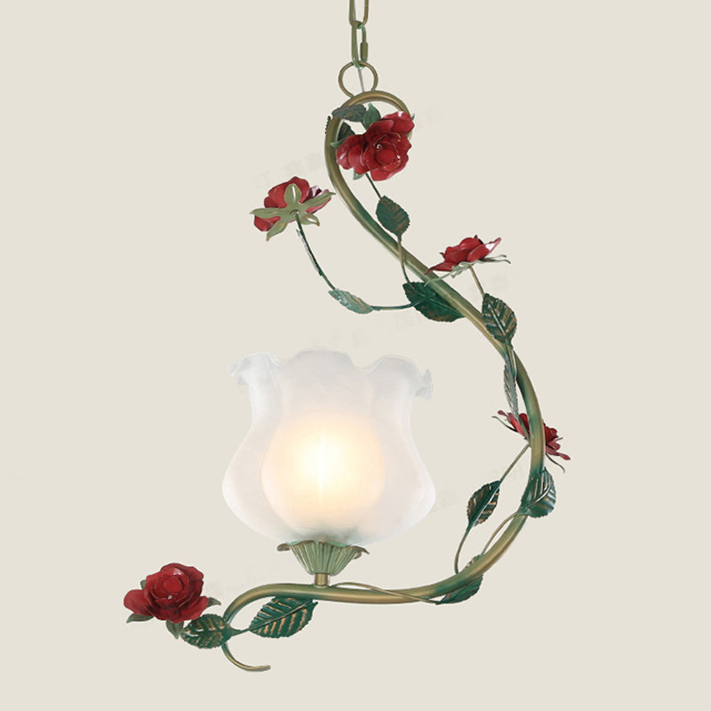 Romantic Flower Pendant Ceiling Light With Metal Curvy Arm - White Glass 1
