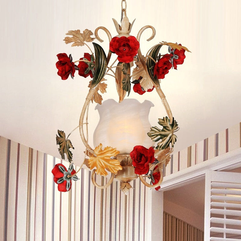 Korean Flower Suspended Pendant Light With Scrolled Arm And White Glass Shade