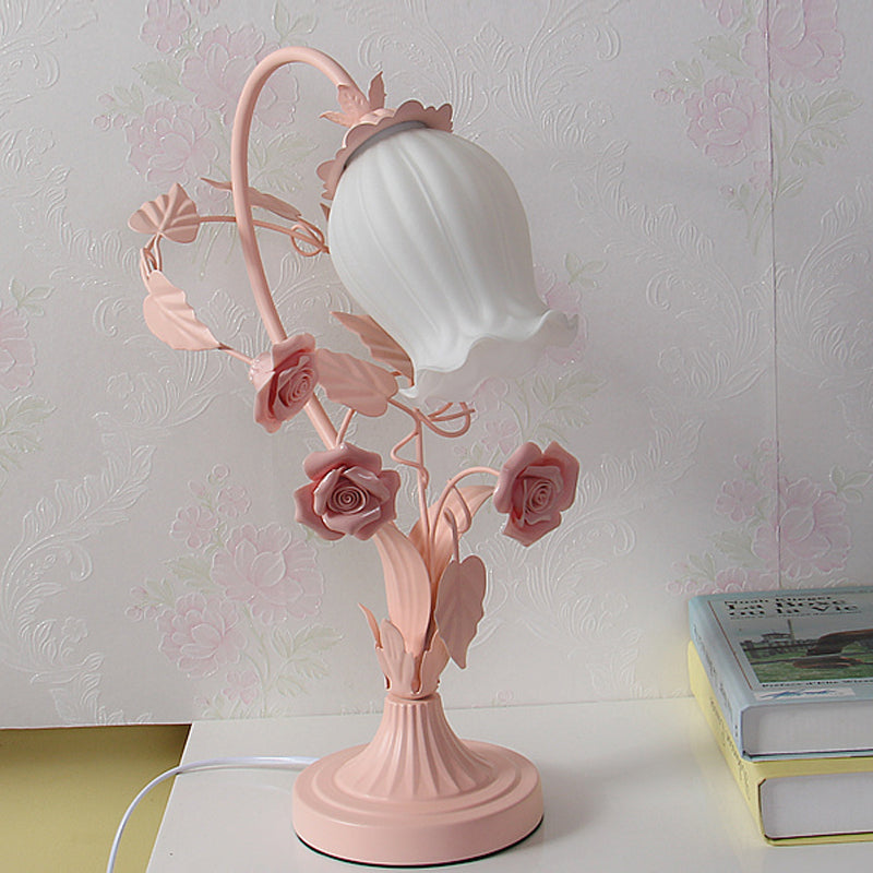 Romantic Pastoral Scalloped Opal Glass Table Light With Rose Accents - Pink/Blue/White Options