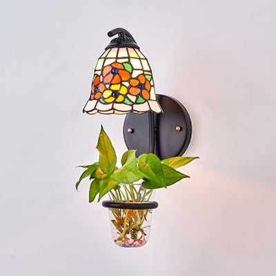 Tiffany Multicolor Stained Glass Dome Sconce Light Fixture - 1 Head Red/Orange-Yellow/Blue Wall