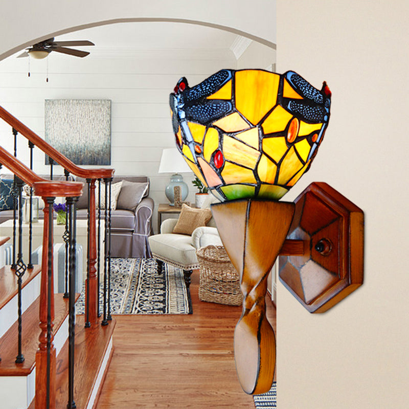Vintage Stained Glass Dragonfly Wall Sconce - Yellow 1 Head Ideal For Corridor Lighting